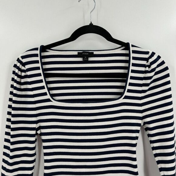 J. CREW Navy Blue White Striped Ribbed Stretch Cotton Square Neck Shirt Medium - Picture 5 of 7